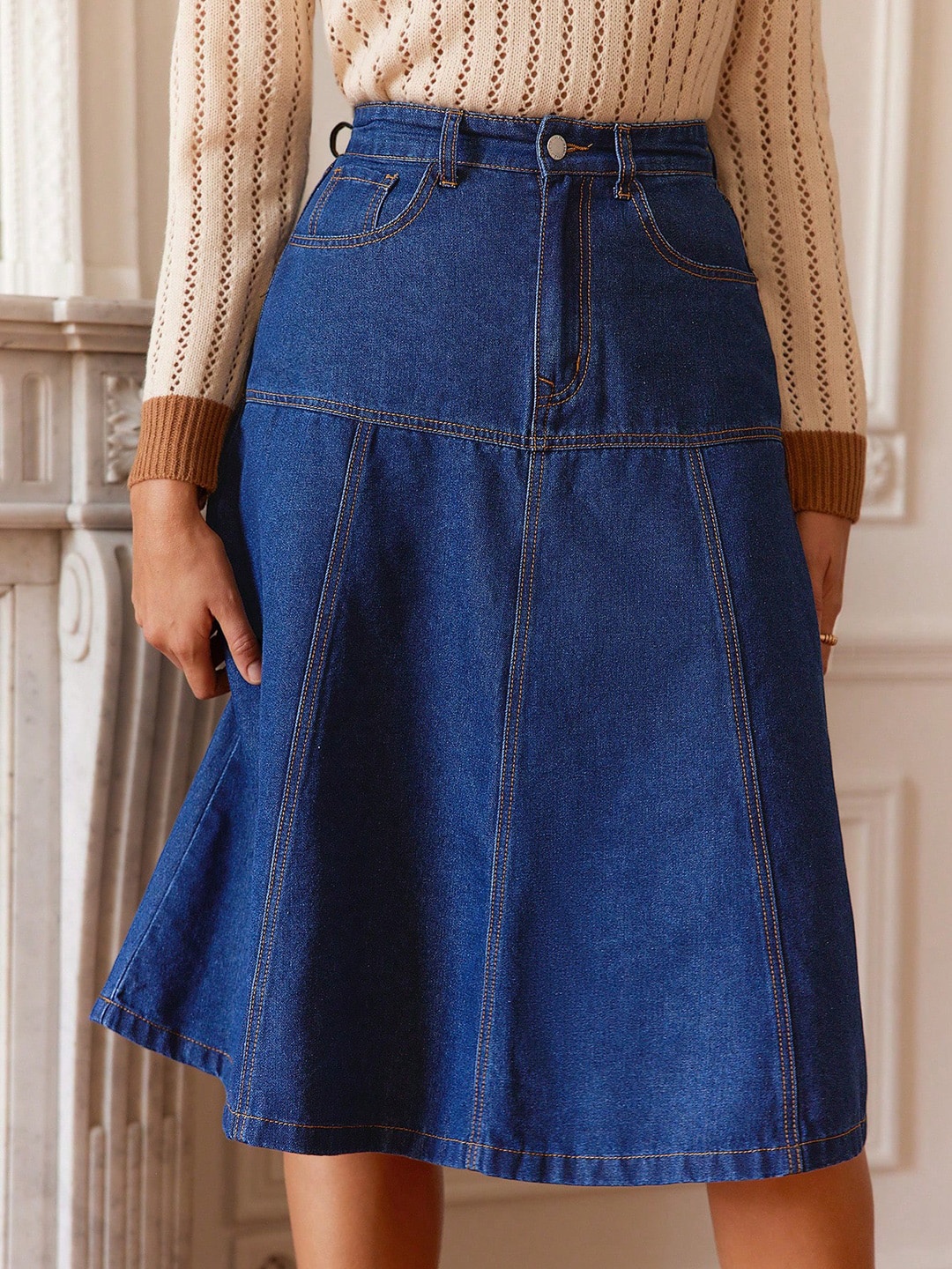 

Stylecast X Kotty Denim Knee-Length Flared Skirt, Blue