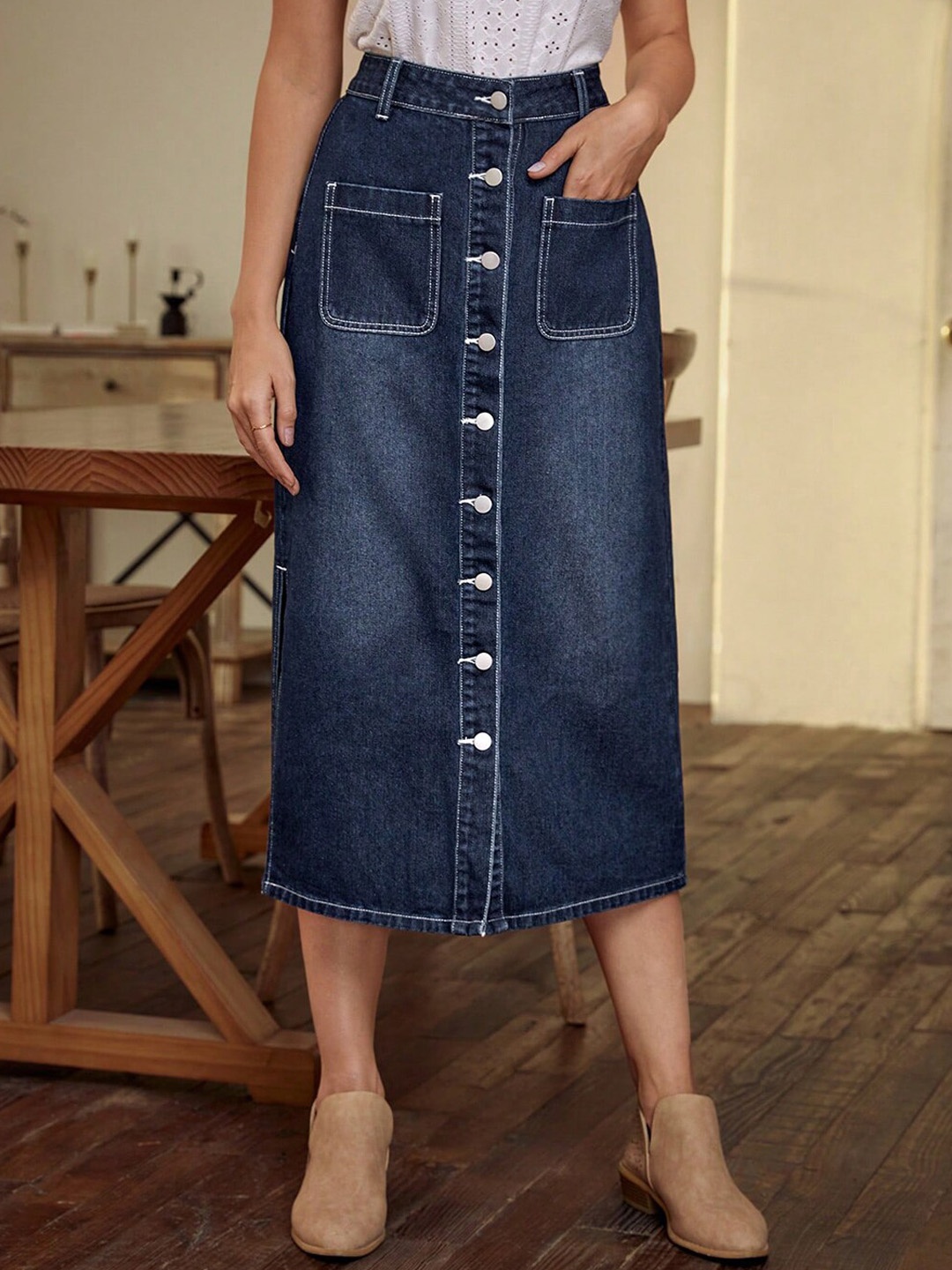 

Stylecast X Kotty Washed Denim Straight Midi Skirt, Blue