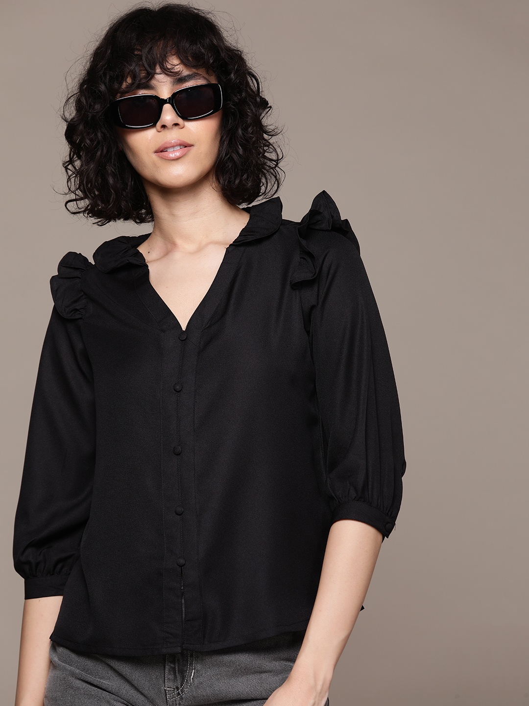 

The Roadster Lifestyle Co. Ruffled Mandarin Collar Shirt Style Top, Black