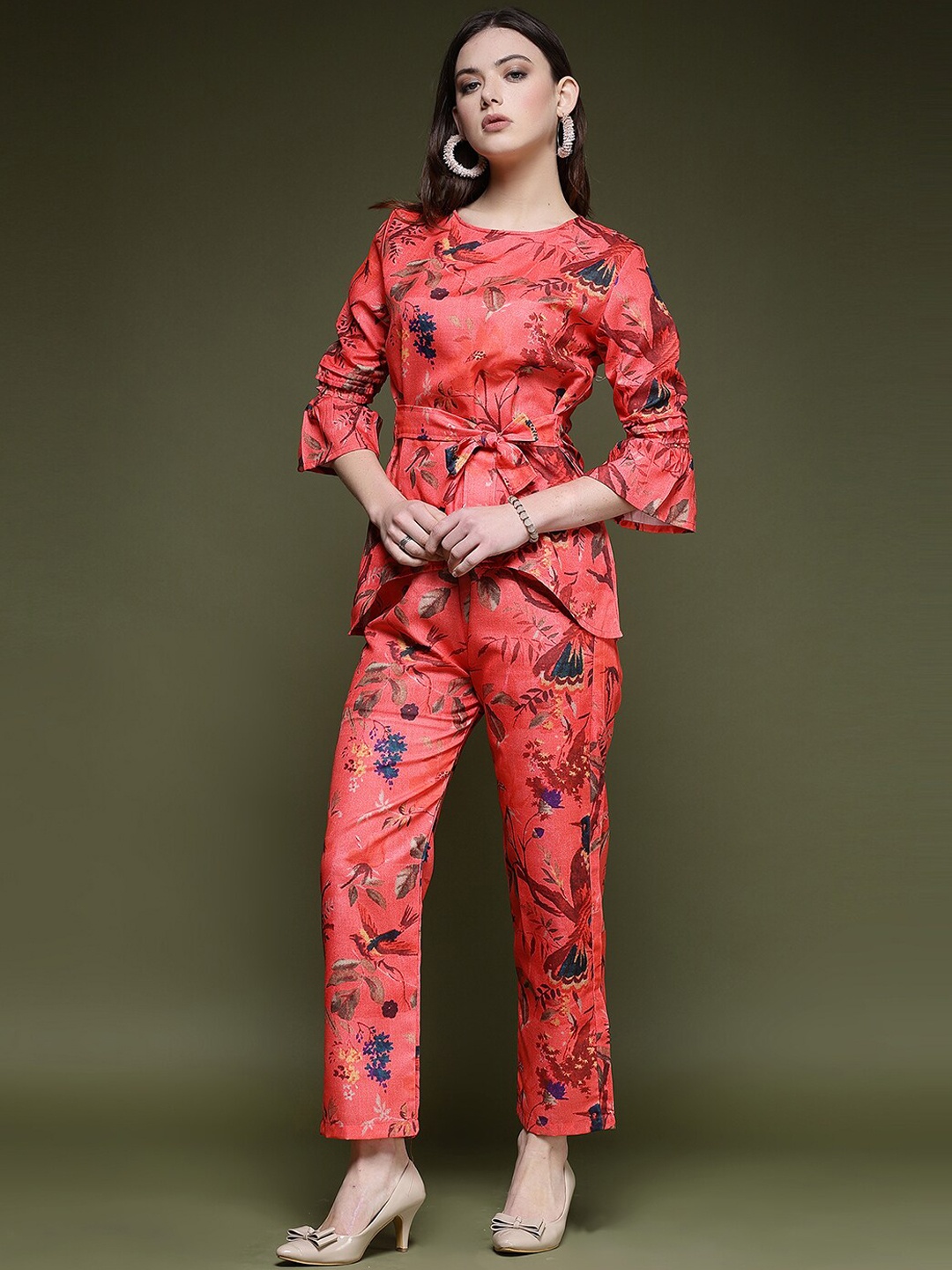 

KALINI Floral Printed Round Neck Top & Trousers, Peach