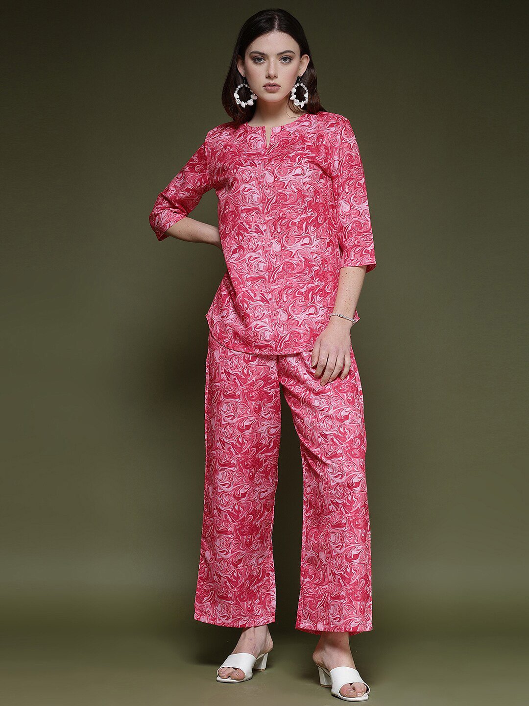 

KALINI Printed V-Neck Tunic With Trousers, Pink