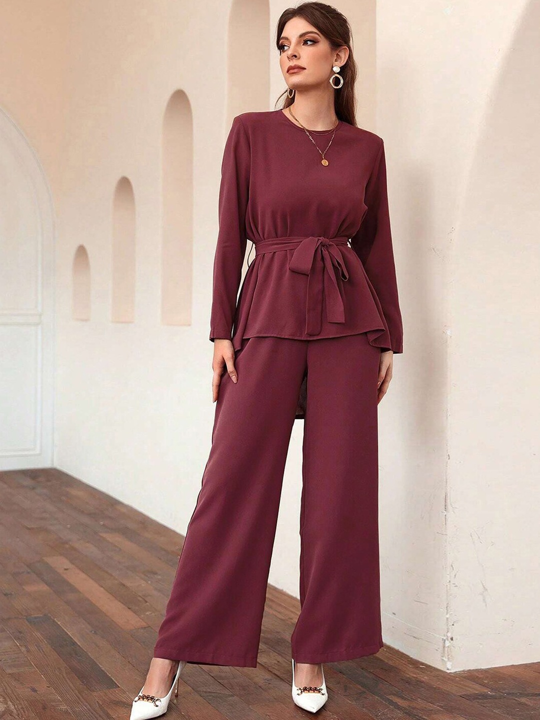 

KALINI Round Neck Long Sleeves Tunic & Mid-Rise Palazzos, Maroon