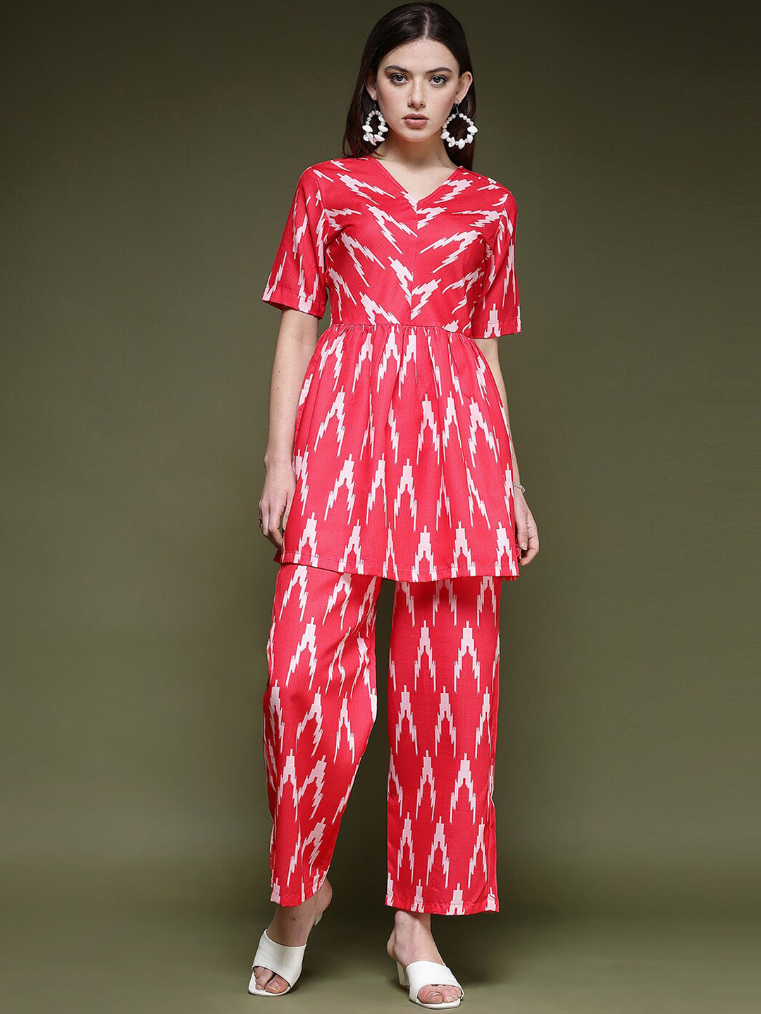 

KALINI Printed V-Neck Tunic & Palazzos, Red