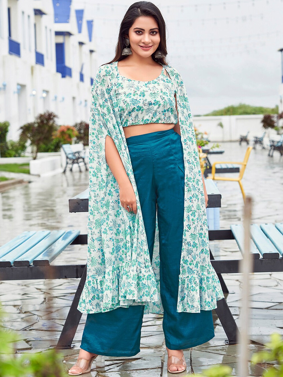 

KALINI Printed Crop Top With Shrug & Palazzo, White