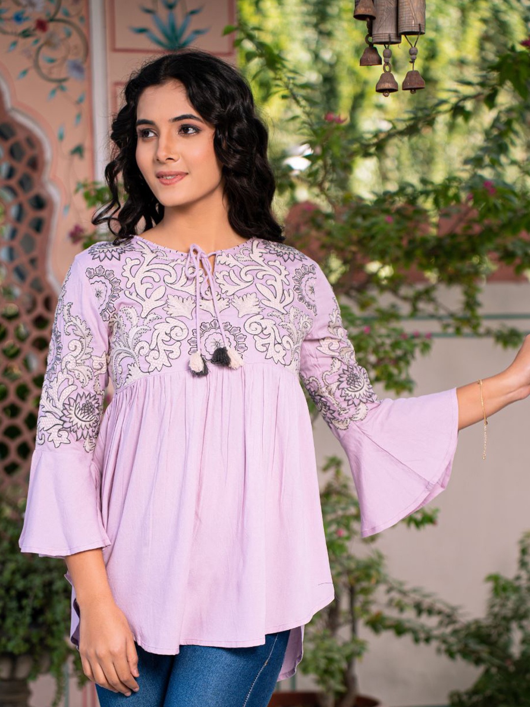 

Zolo Label Floral Print Tie-Up Neck Bell Sleeve Cotton Top, Lavender