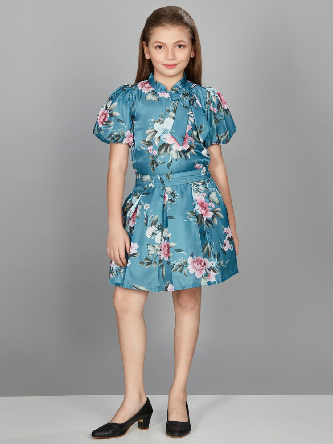 

Peppermint Girls Printed Top with Skirt, Teal