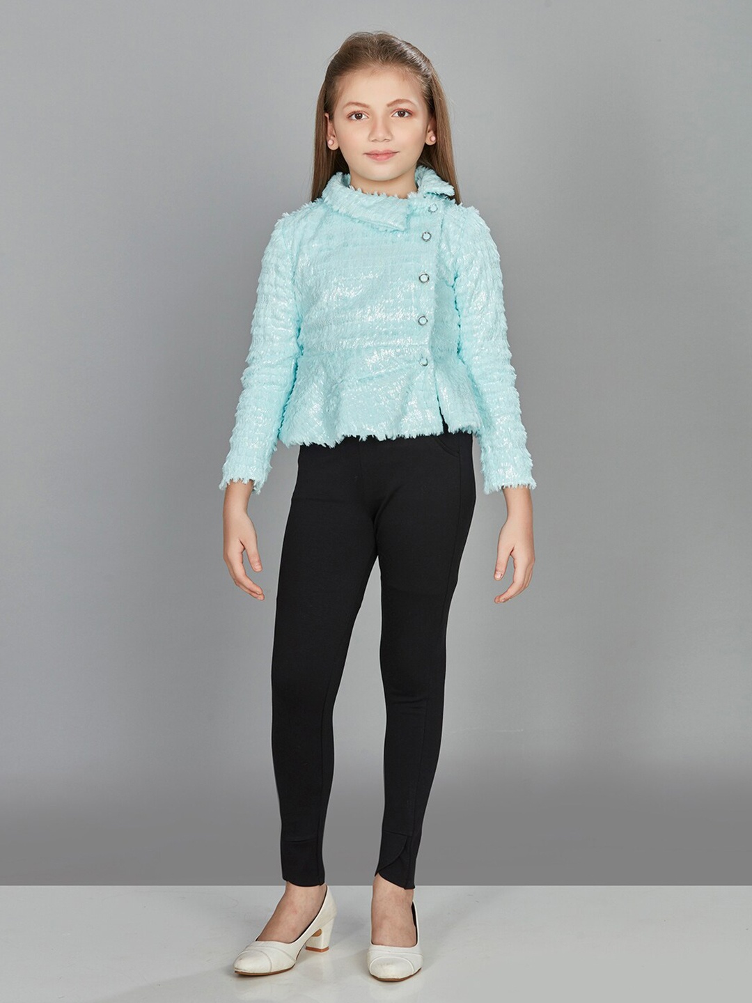 

Peppermint Girls Self Design Textured Top With Leggings, Sea green