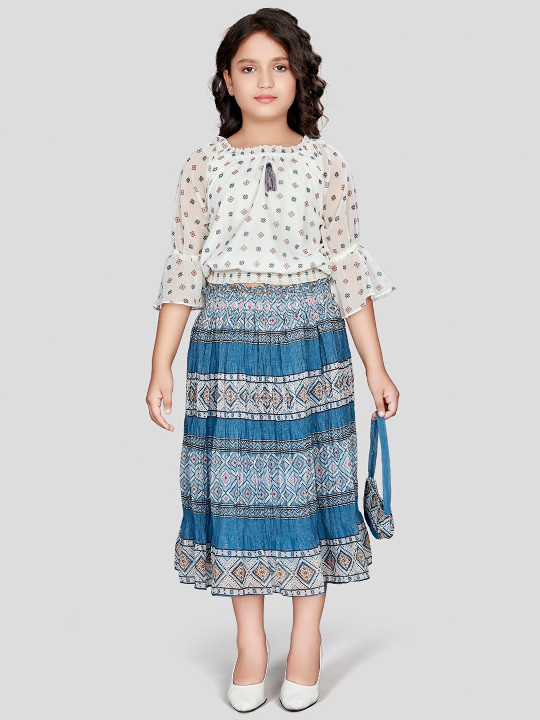 

Peppermint Girls Printed Top with Skirt, Blue