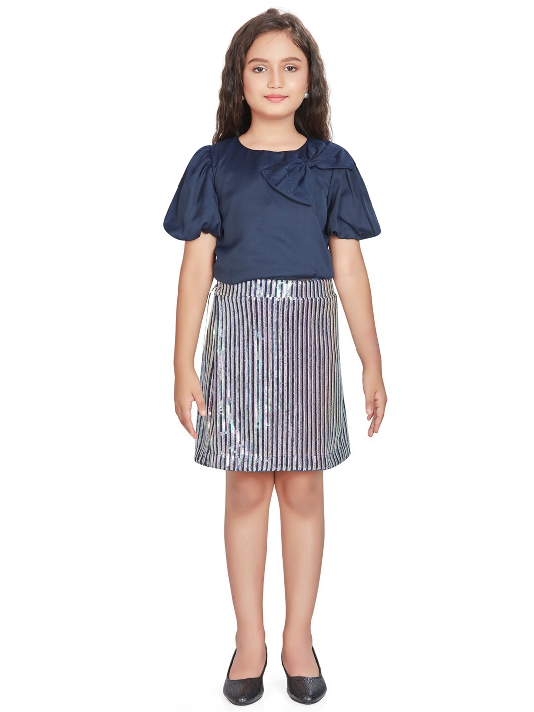 

Peppermint Girls Round Neck Short Sleeves Top with Skirt, Navy blue