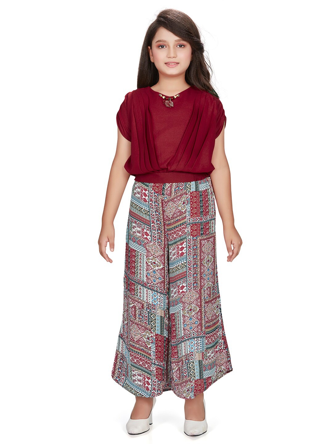 

Peppermint Girls Printed Top with Palazzos, Maroon