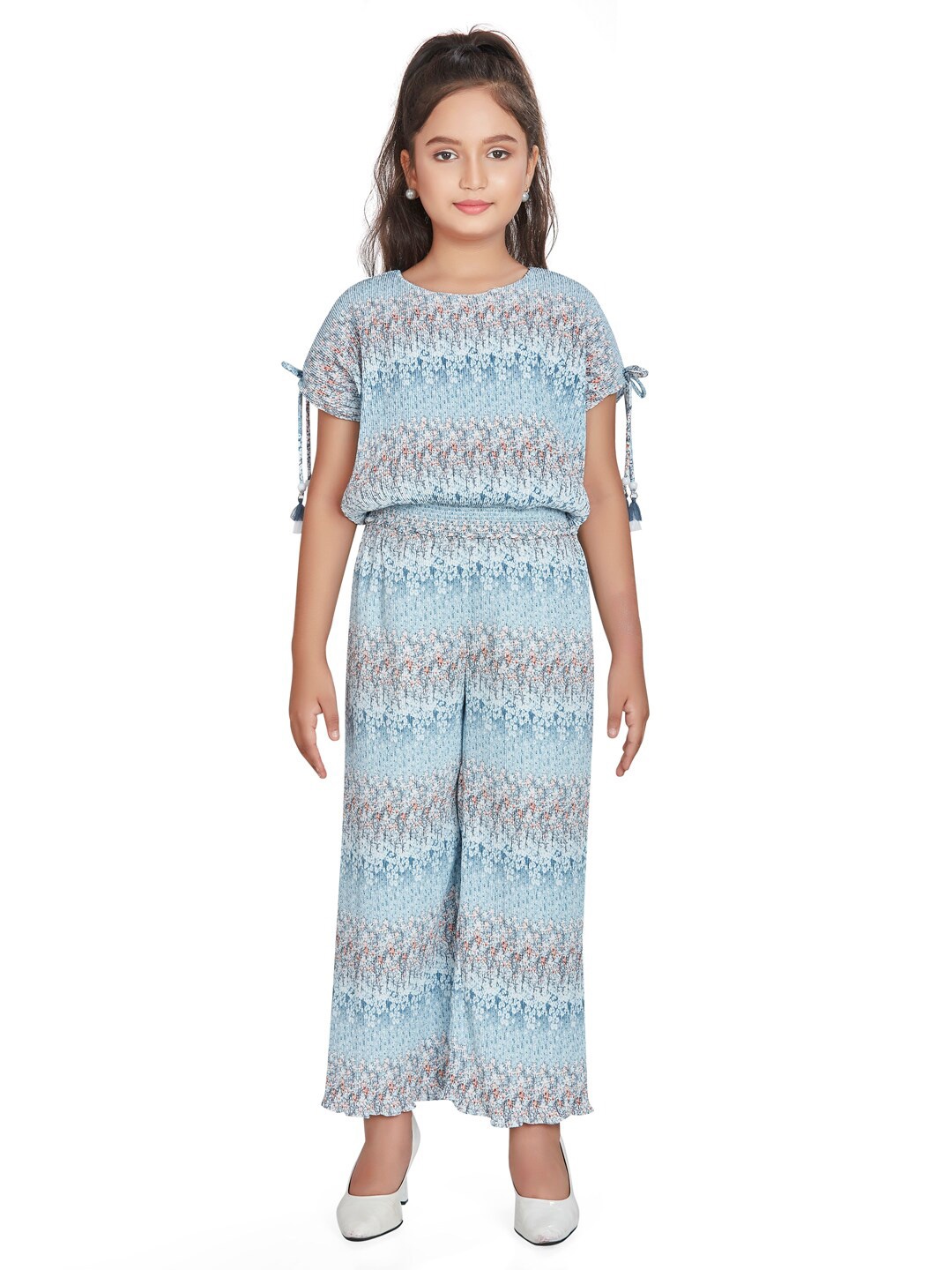 

Peppermint Girls Printed Round Neck Top with Palazzos, Blue
