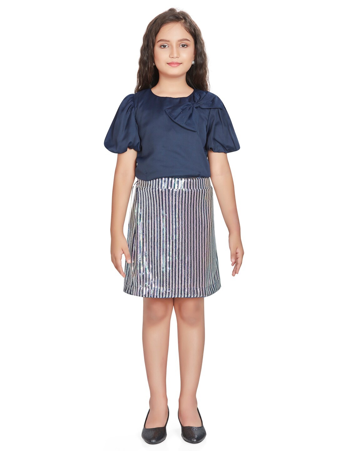 

Peppermint Girls Puff Sleeves Top With Sequin Skirt, Navy blue