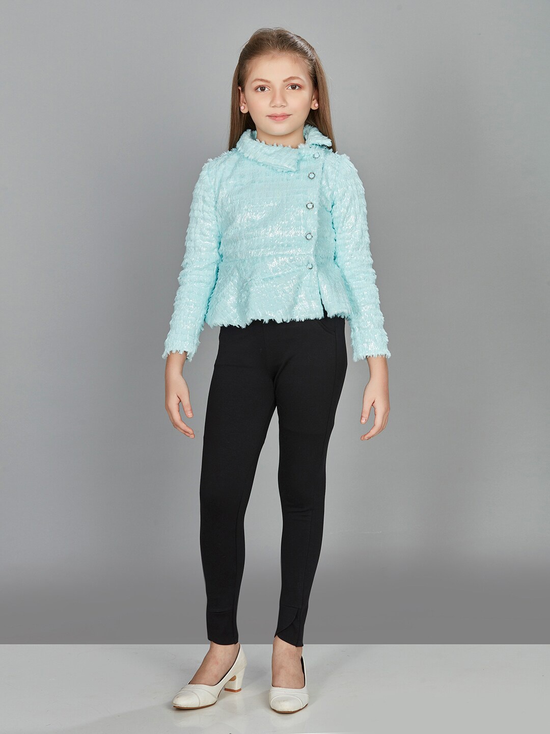 

Peppermint Girls Self Design Textured Top With Leggings, Sea green