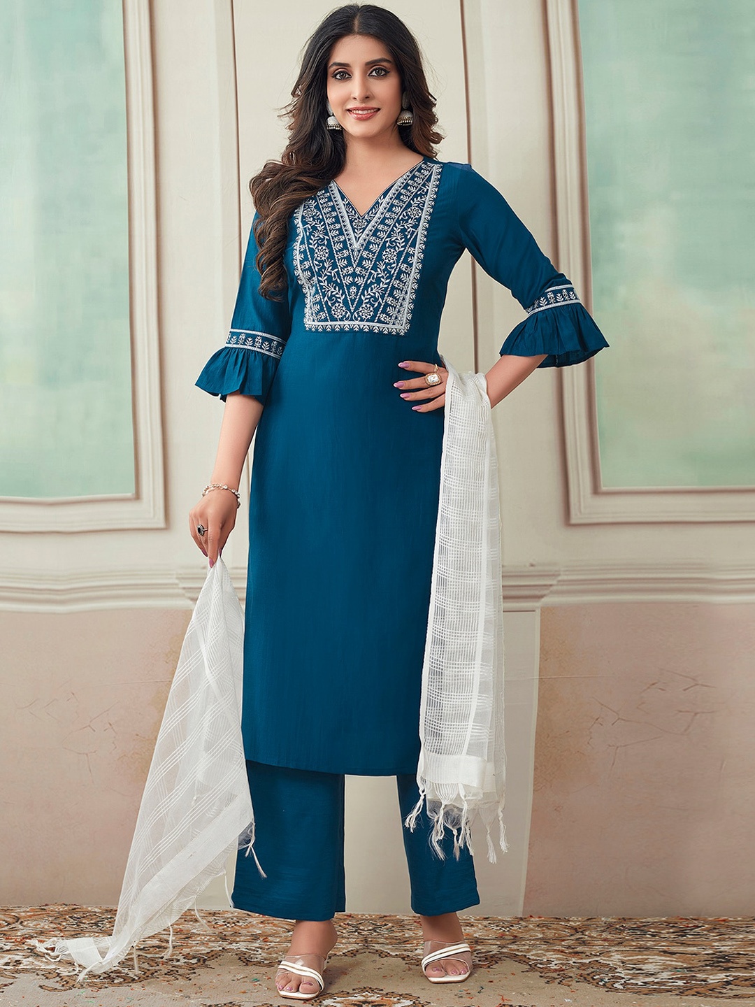 

SKYLEE Blue Floral Yoke Design Sequinned Straight Kurta & Palazzos With Dupatta