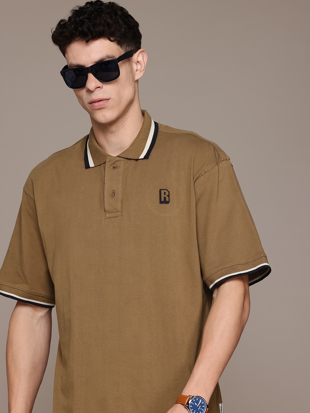 

The Roadster Lifestyle Co. Men Polo Collar Oversized Pure Cotton T-shirt, Brown