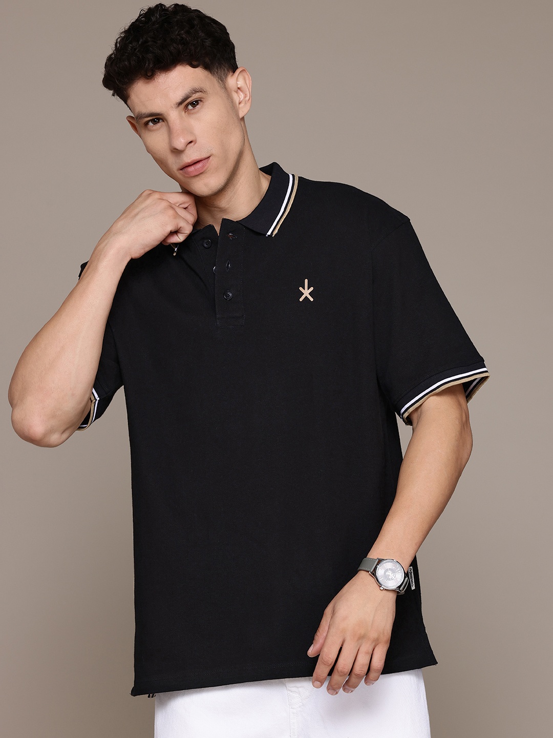 

The Roadster Lifestyle Co. Men Polo Collar Oversized Pure Cotton T-shirt, Black