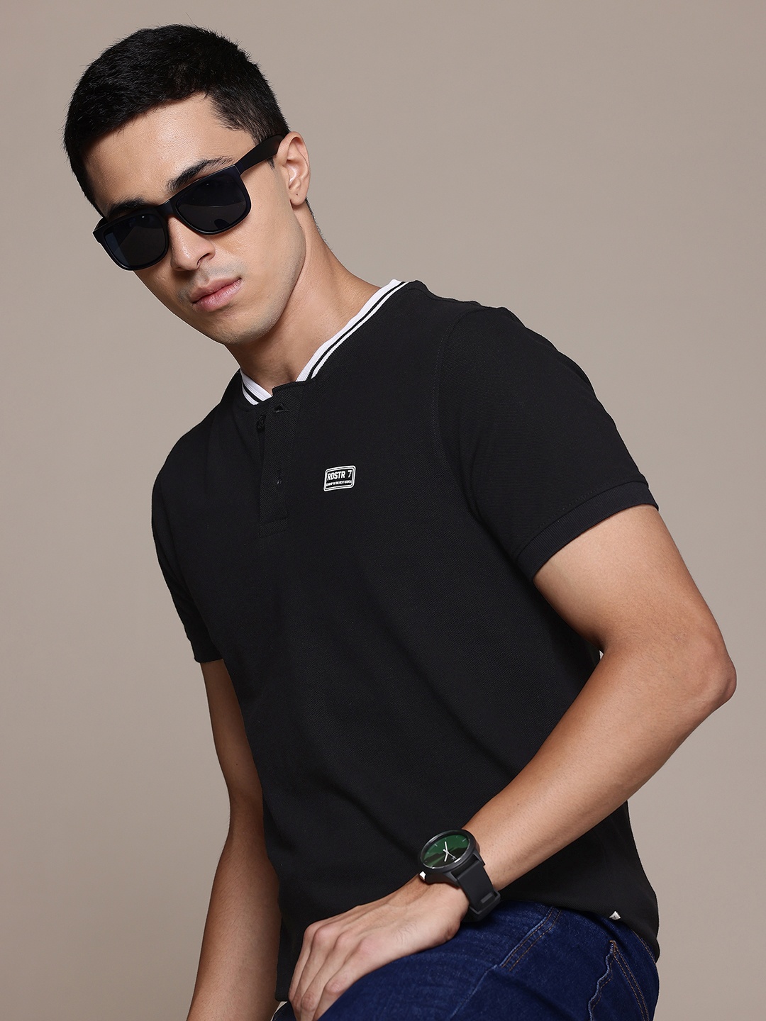 

The Roadster Lifestyle Co. Henley Neck Pure Cotton T-shirt, Black