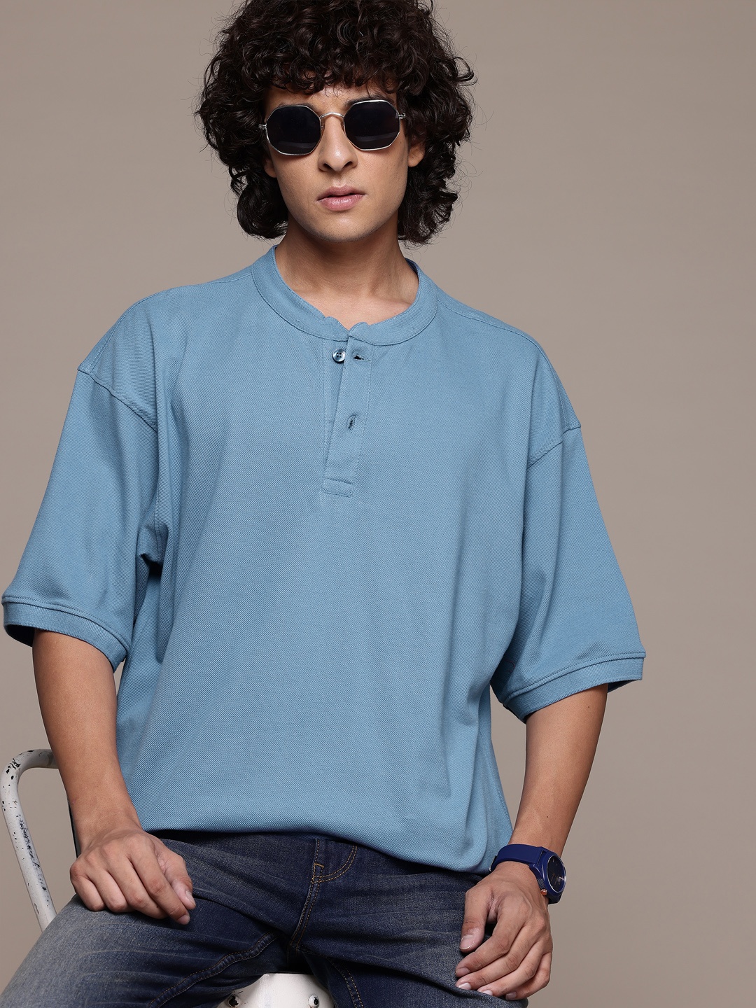 

The Roadster Lifestyle Co. Mandarin Collar Pure Cotton Oversized T-shirt, Blue