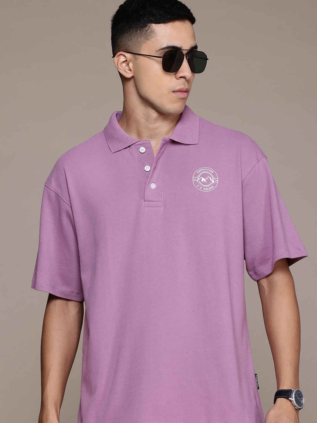 

The Roadster Lifestyle Co. Polo Collar Drop-Shoulder Sleeves Pure Cotton T-shirt, Purple