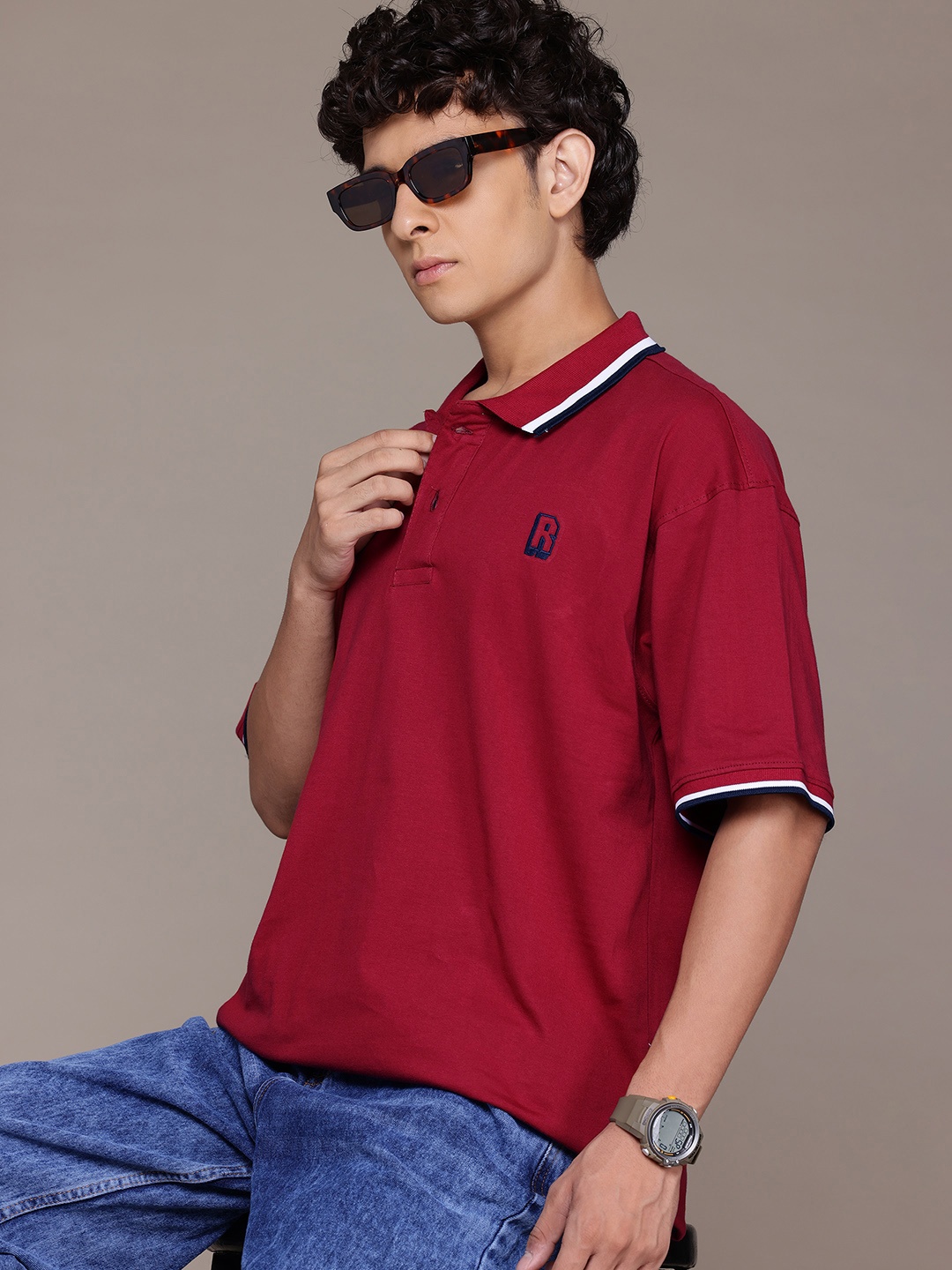 The Roadster Lifestyle Co. Polo Collar Pure Cotton T-shirt, Maroon