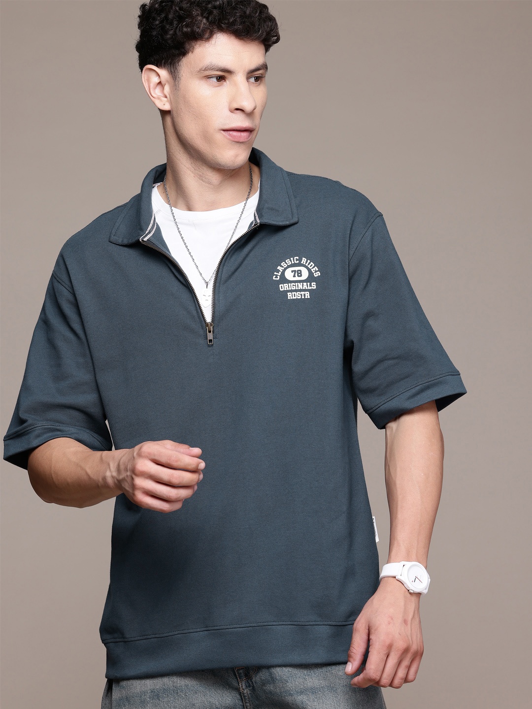 

The Roadster Lifestyle Co. Drop-Shoulder Sleeves Pure Cotton T-shirt, Grey