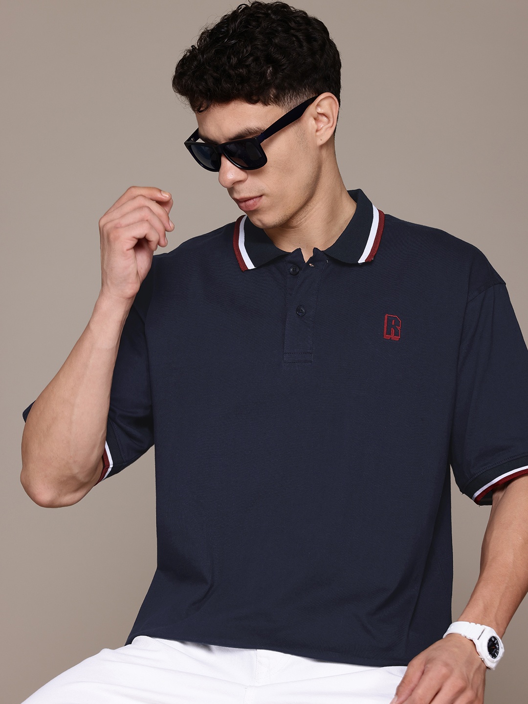 

The Roadster Lifestyle Co. Men Polo Collar Oversized Pure Cotton T-shirt, Navy blue