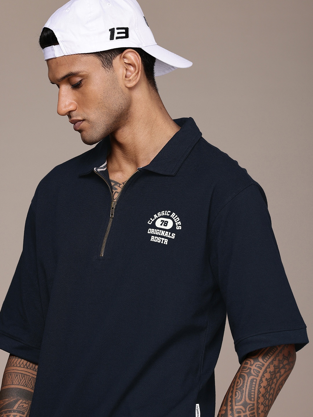 

The Roadster Life Co. Polo Collar Pure Cotton Relaxed Fit T-shirt, Navy blue
