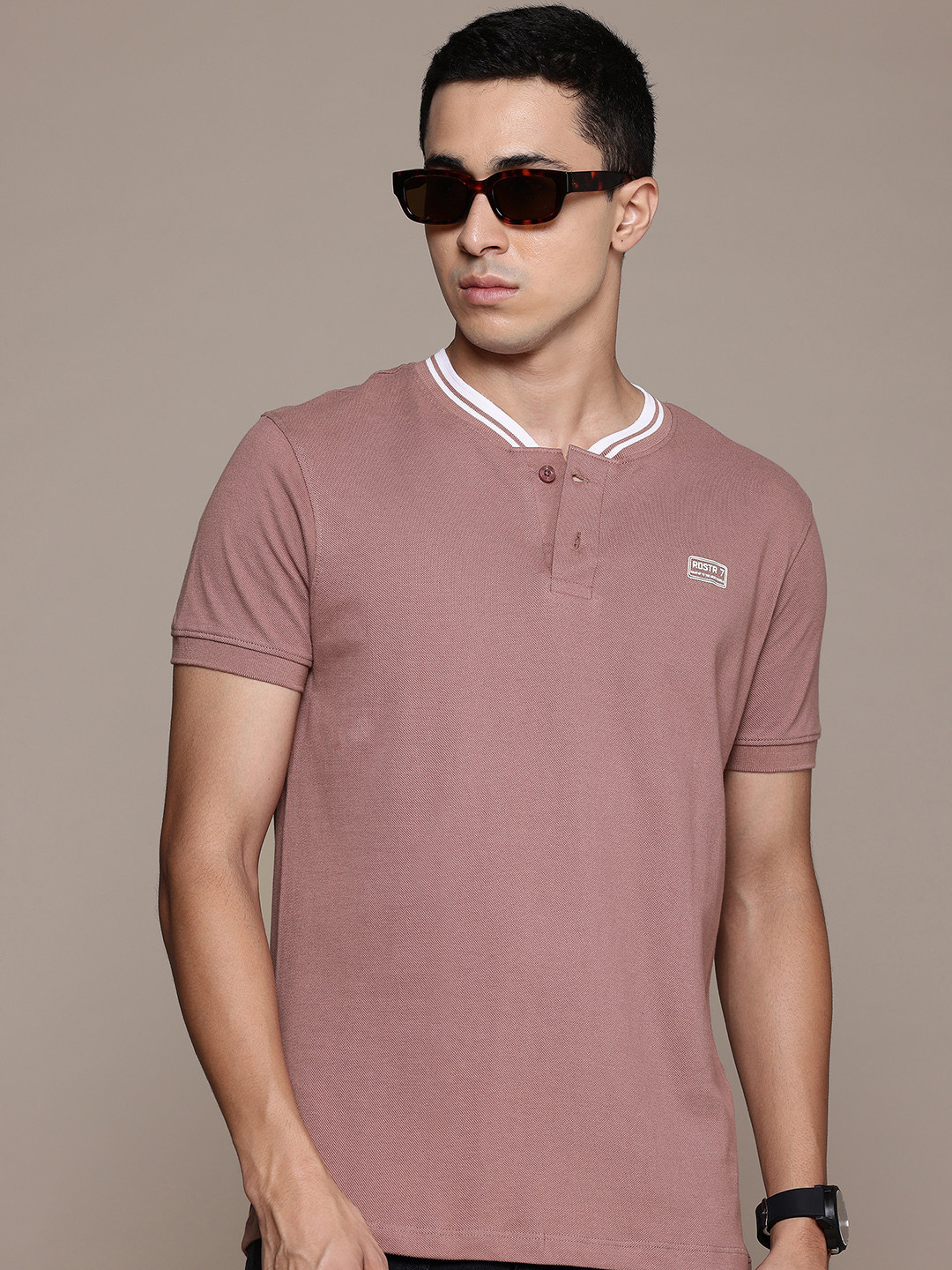 

The Roadster Lifestyle Co. Henley Neck Pure Cotton T-shirt, Rose