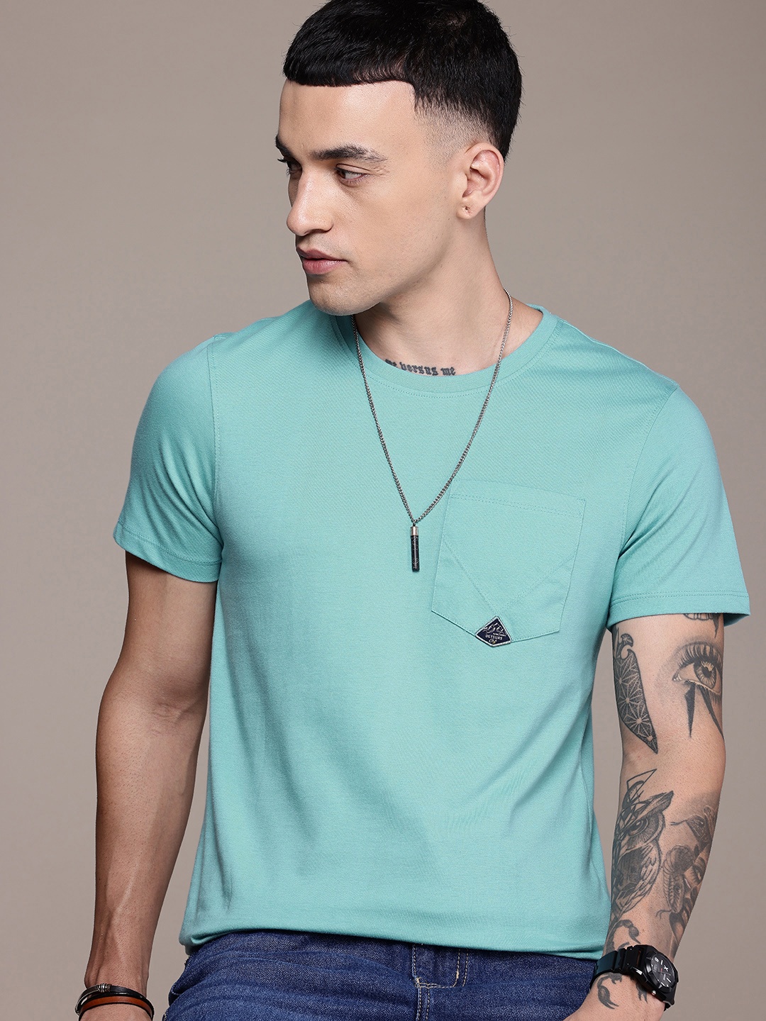 

Roadster The Life Co. Pure Cotton T-shirt with Pocket, Turquoise blue
