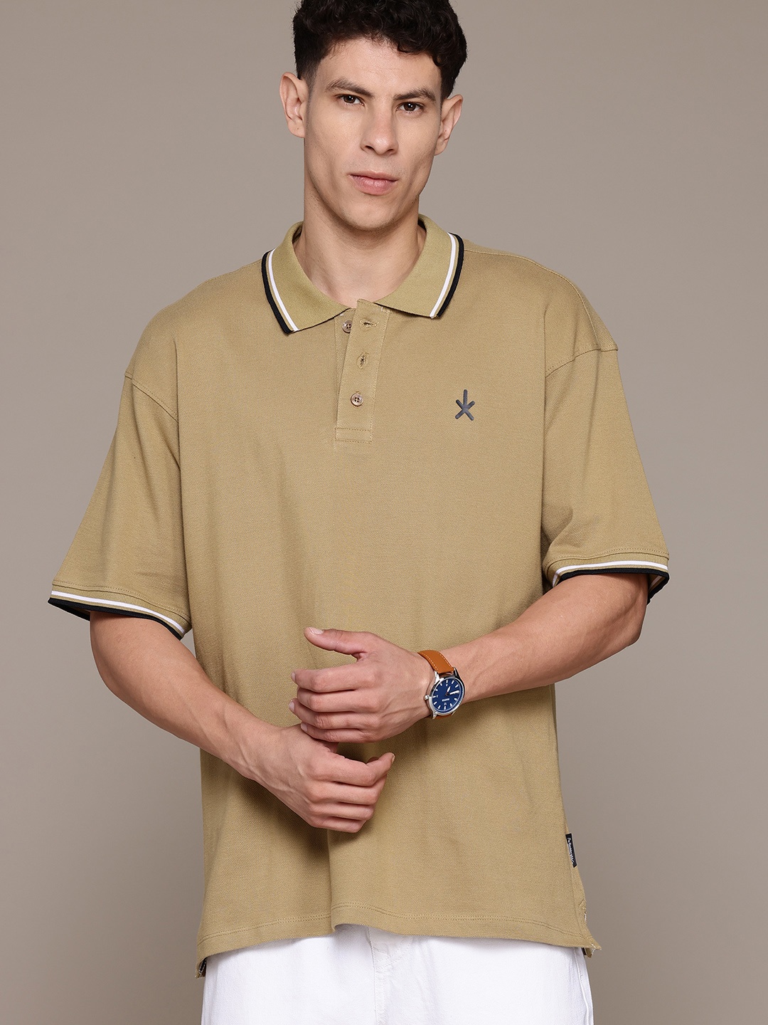

The Roadster Lifestyle Co. Men Polo Collar Oversized Pure Cotton T-shirt, Khaki