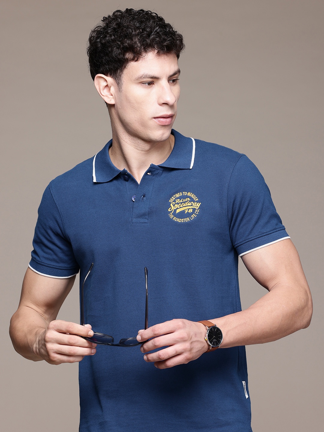 

Roadster Cotton Typography Polo Collar T-shirt, Blue
