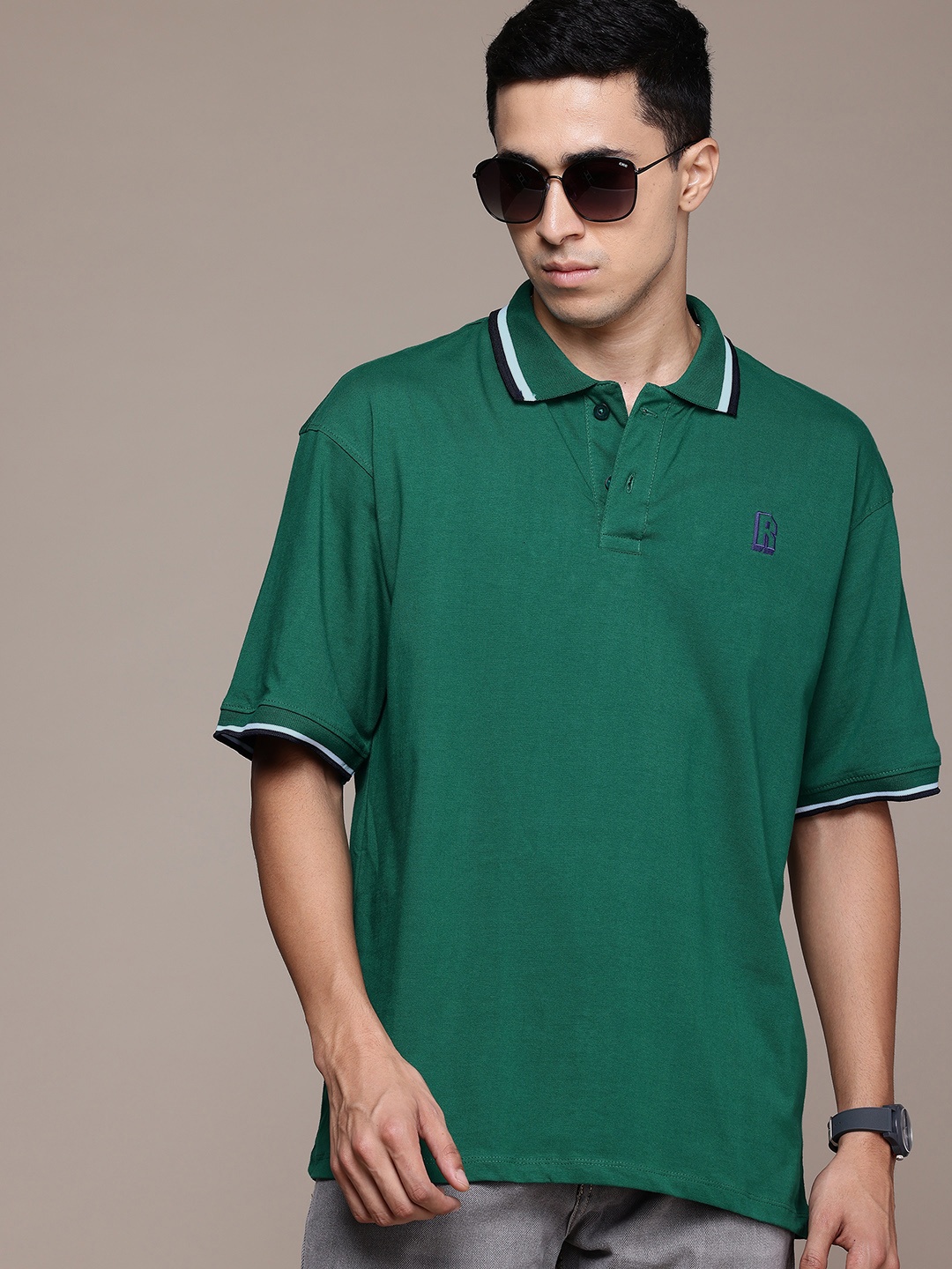 

The Roadster Lifestyle Co. Drop-Shoulder Sleeves Pure Cotton Polo Collar T-shirt, Green