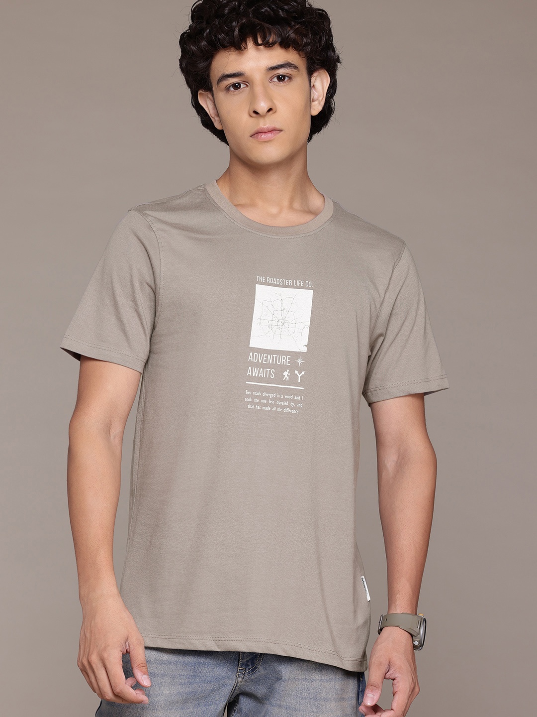 

The Roadster Lifestyle Co. Printed Drop-Shoulder Sleeves T-shirt, Taupe