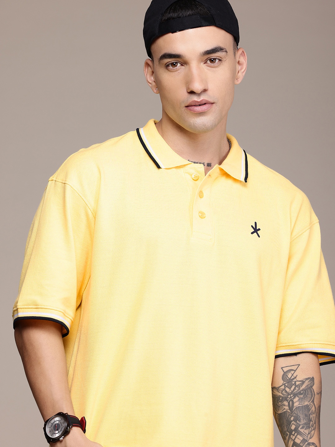 

The Roadster Life Co. Polo Collar Drop-Shoulder Sleeves Oversized Pure Cotton T-shirt, Yellow