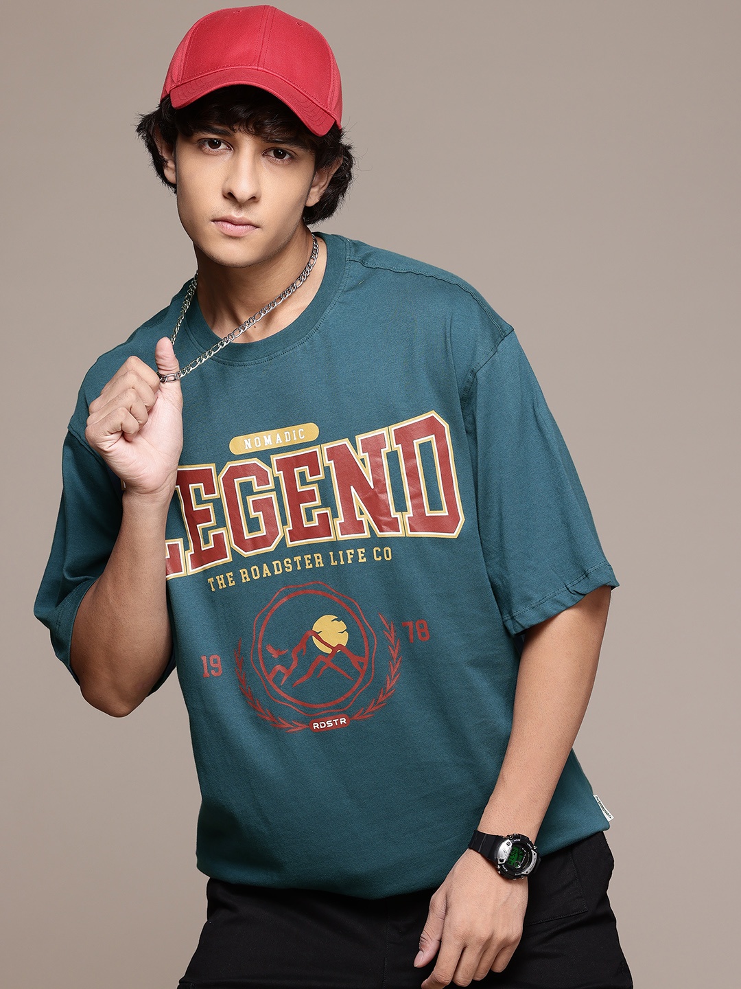 

Roadster The Life Co. Typography Printed Oversized Pure Cotton T-shirt, Teal