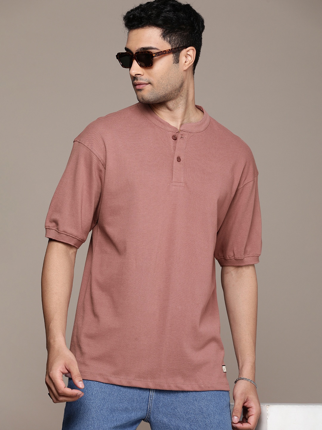 

The Roadster Life Co. Henley Neck Drop-Shoulder Sleeves Pure Cotton T-shirt, Nude