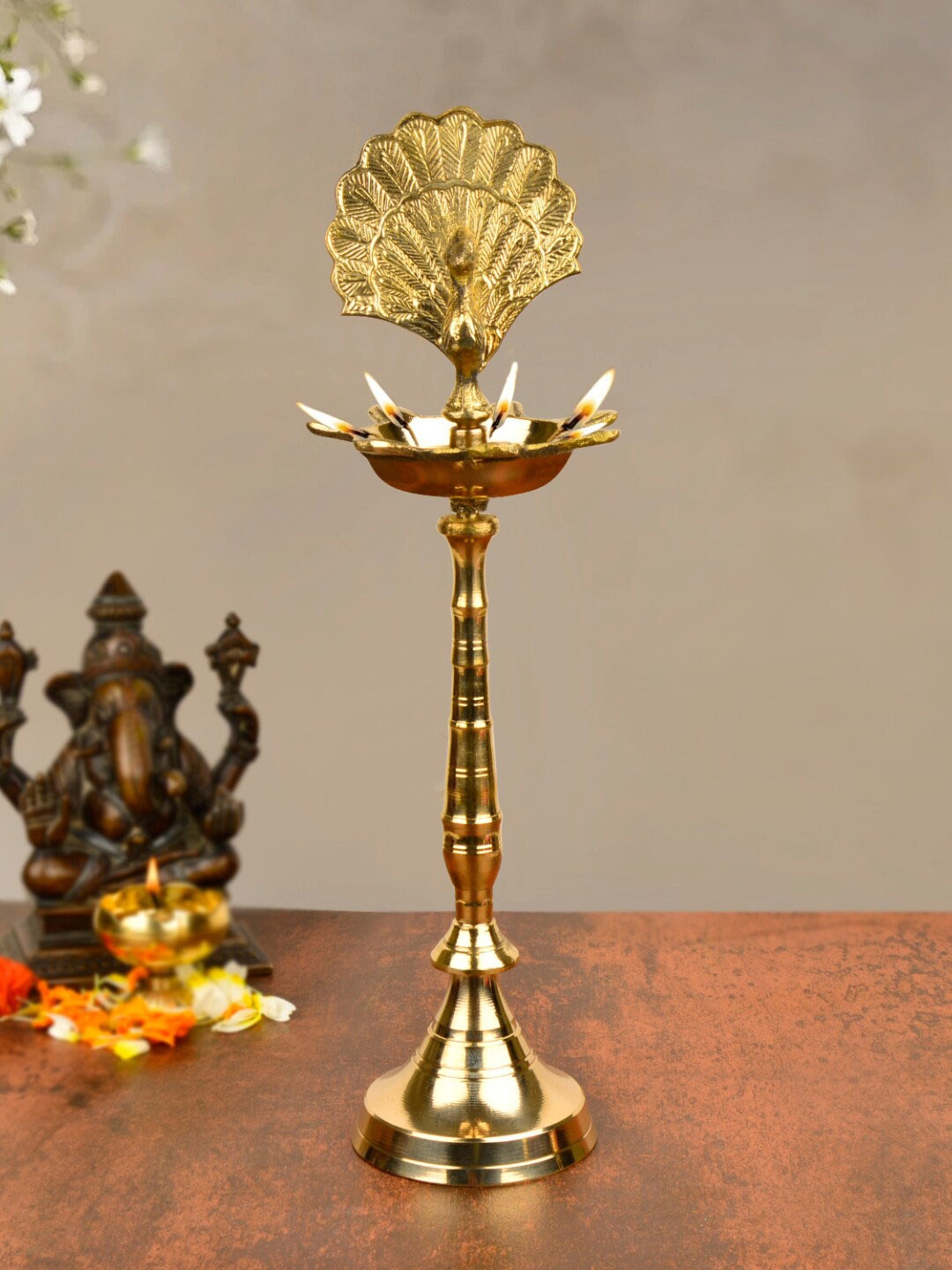 

StyleMyWay Brass Dancing Peacock Standing Diya - 14 inches - 760 gm, Gold