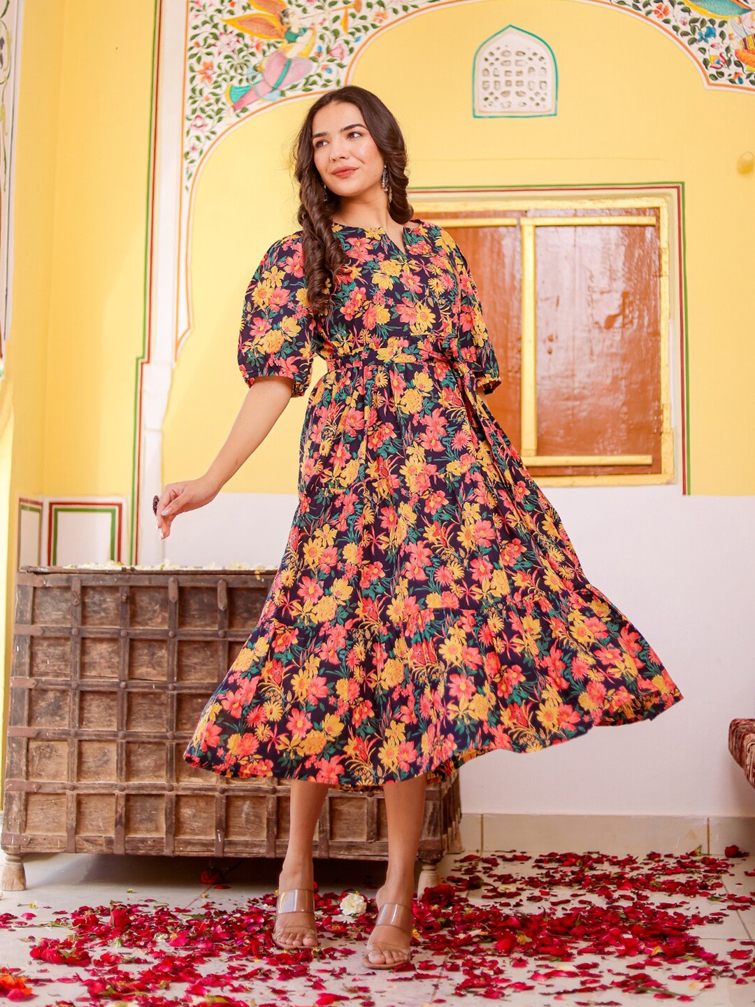 

VASVI Floral Print A-Line Dress, Multi