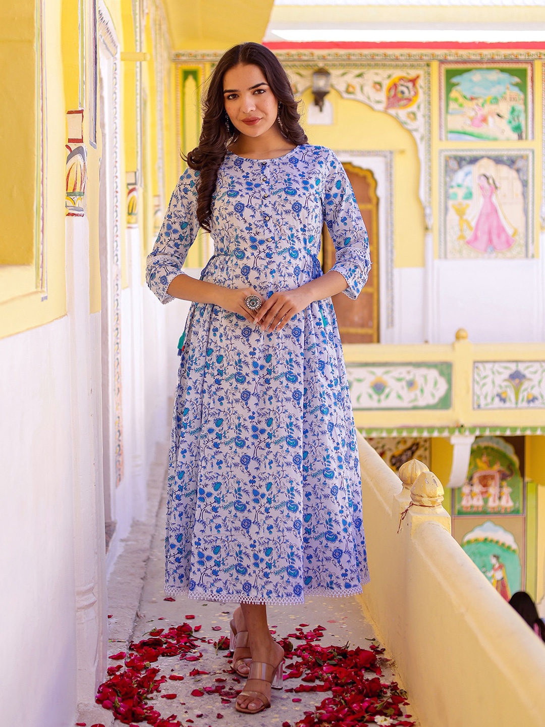 

VASVI Floral Printed Gathered Cotton Fit & Flare Midi Dress, Blue