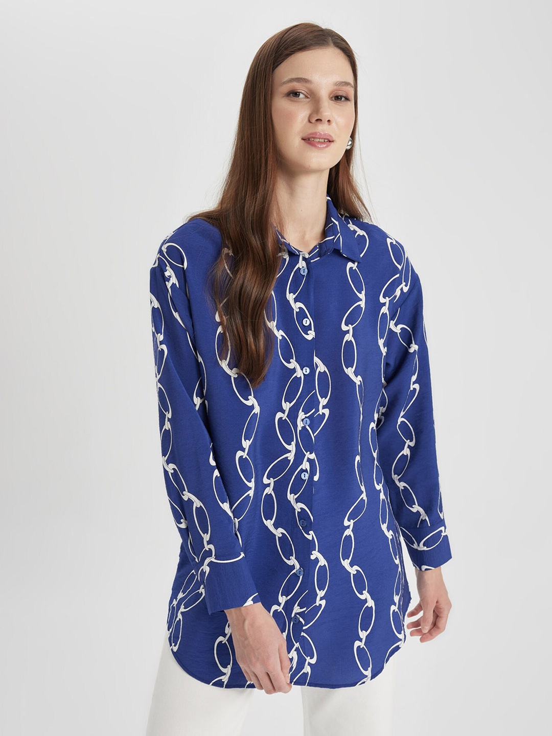 

DeFacto Geometric Printed Shirt Collar Tunic, Blue