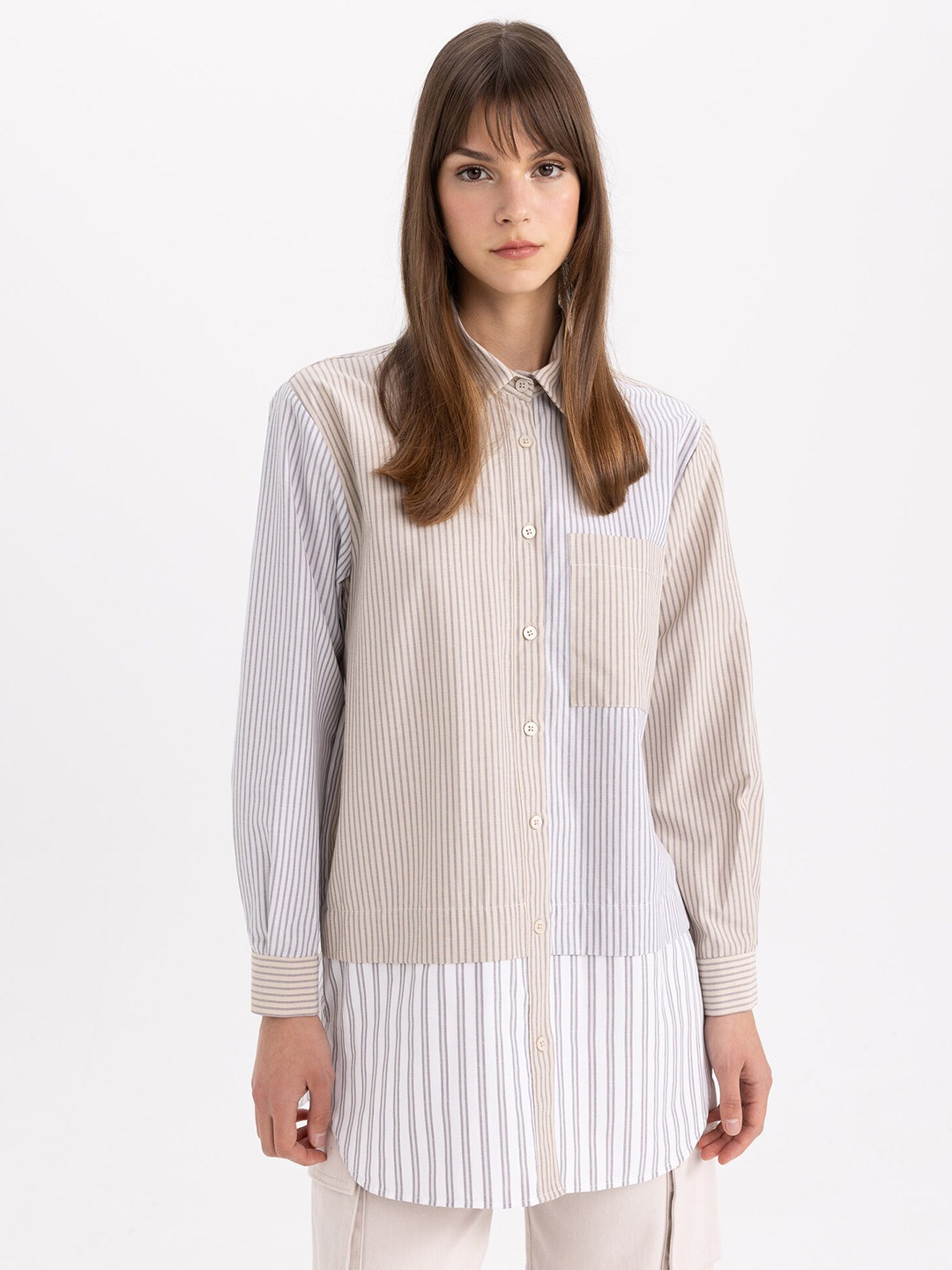 

DeFacto Striped Casual Shirt, Beige