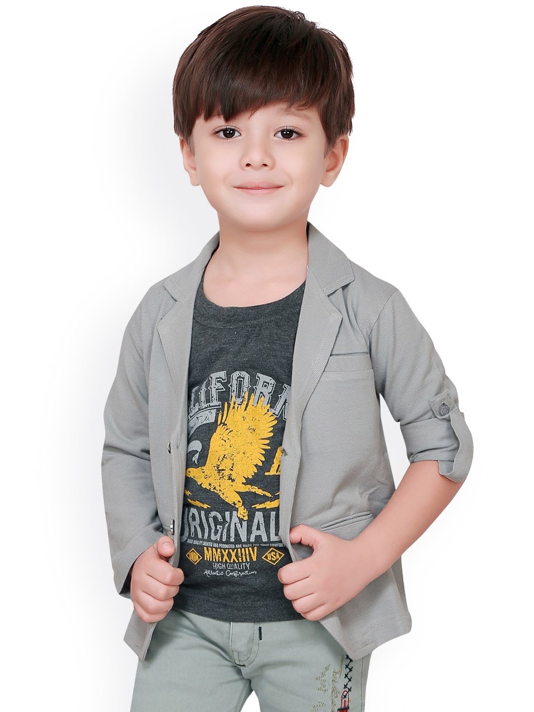 

BAESD Boys Notched Lapel Full Sleeves Casual Blazer With T-Shirt, Grey