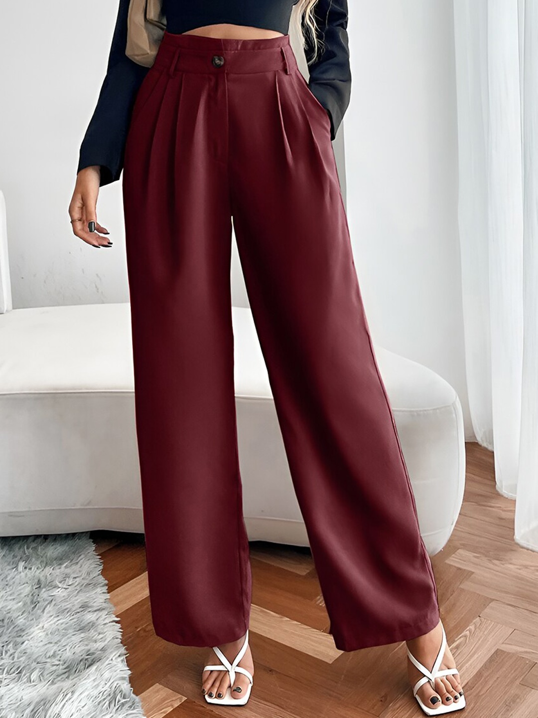 

Stylecast X KOTTY BIZwear Maroon Relaxed Straight Fit High-Rise Pleated Trousers