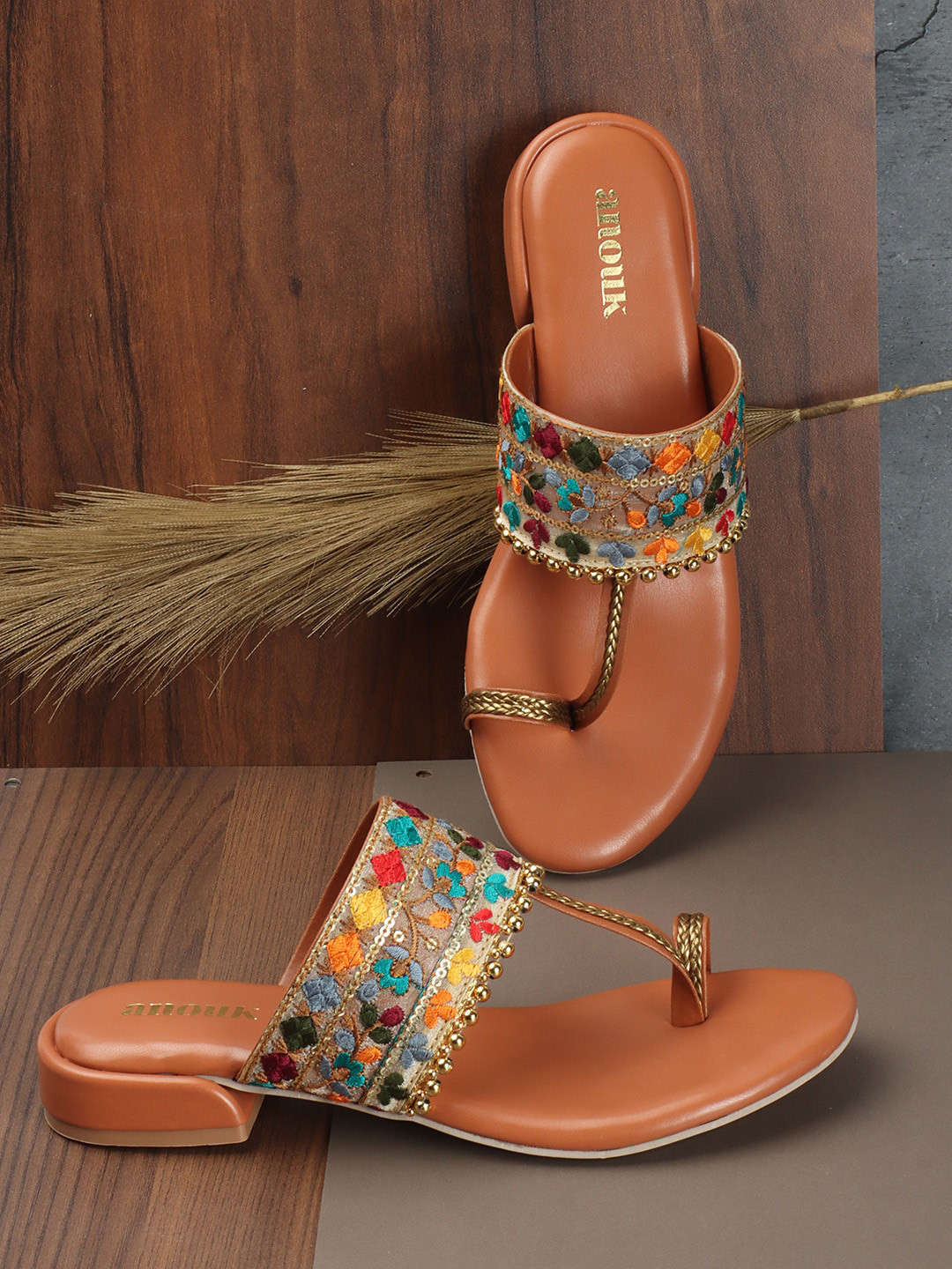 

Anouk Embroidered One Toe Block Heels, Tan