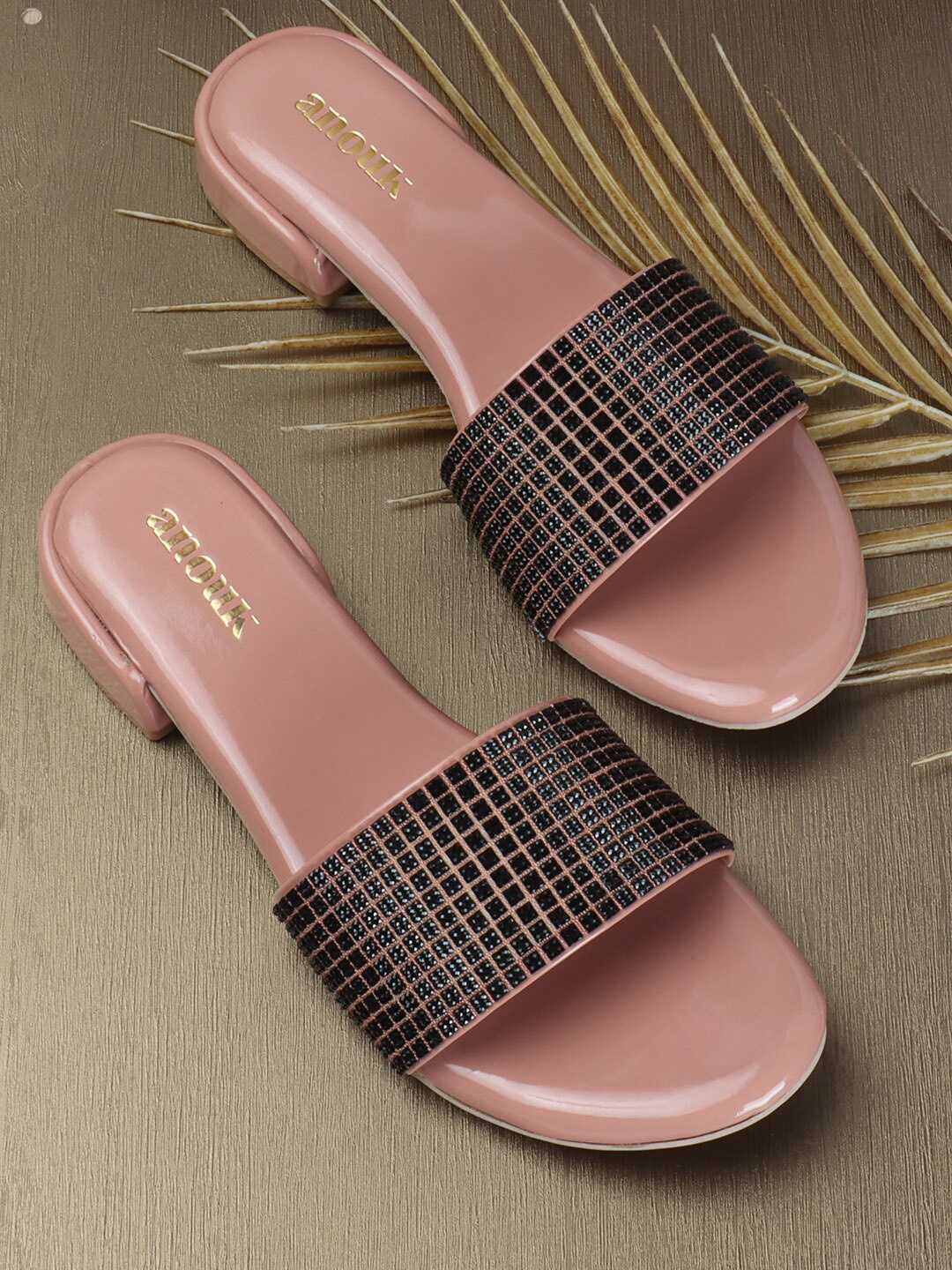 

Anouk Embellished PU Block Sandals with Laser Cuts, Pink