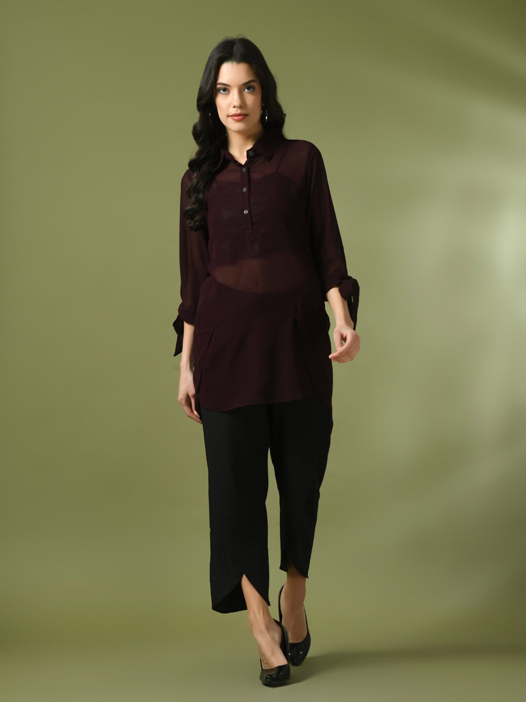 

Myshka Sheer Georgette Shirt Style Top, Coffee brown