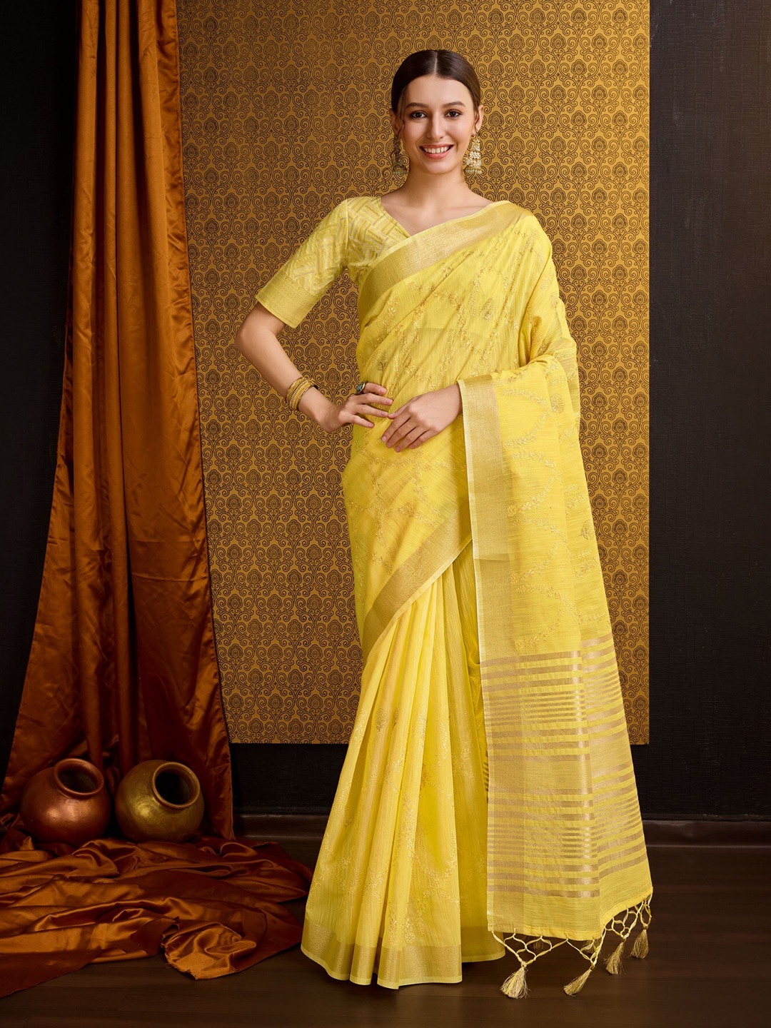 

Mitera Yellow Floral Embroidered Linen & Silk Saree