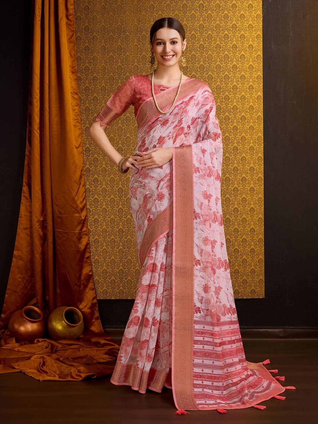 

Mitera Orange Floral Printed Zari Pure Cotton Saree