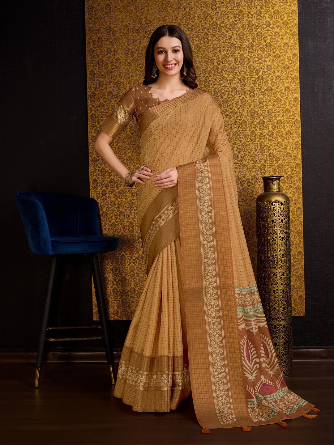 Mitera Yellow Geometric Printed Pure Silk Saree