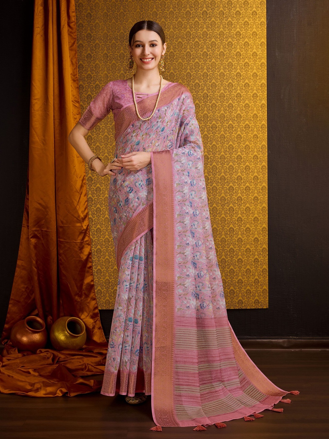 

Mitera Pink Floral Printed Zari Pure Cotton Saree